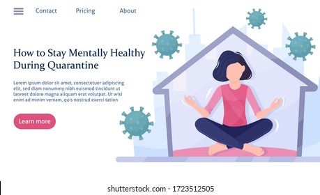 Meditation landing web page. Woman meditating in Lotus position while Coronavirus outbreak. Yoga, Mental health concept. Covid-19 virus in air. Staying home, self quarantine. Protect from viruses