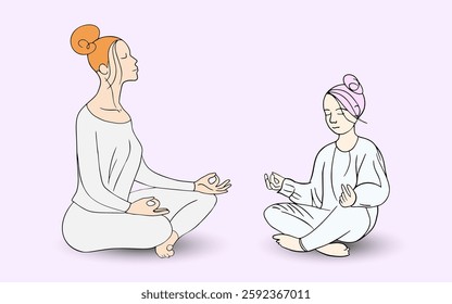 Meditation lesson. A teacher with red hair and a teenage girl with pink hair.