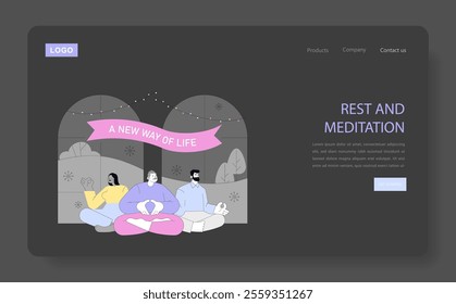 Meditation lifestyle concept. Three people practice mindfulness meditation in a serene space, embracing a peaceful life. Vector illustration.