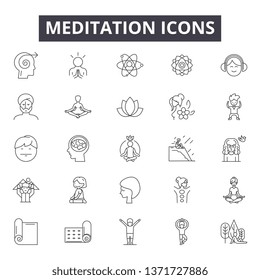 Meditation line icons, signs set, vector. Meditation outline concept, illustration: yoga,meditation,health,relaxation,zen,wellness,relax
