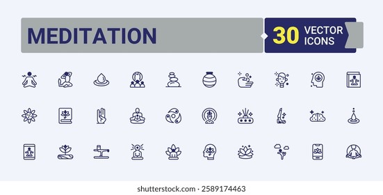 Meditation linear icon collection. Includes icons for exercise, relaxation, pose, health, flower, people, time and more. Icons for website. Vector outline and solid icons collection.
