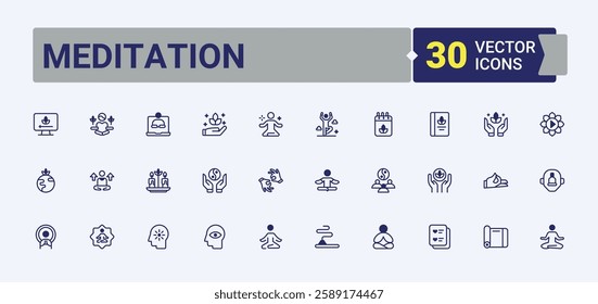Meditation linear icon collection. Includes icons for exercise, relaxation, pose, health, flower, people, time and more. Icons for website. Vector outline and solid icons collection.