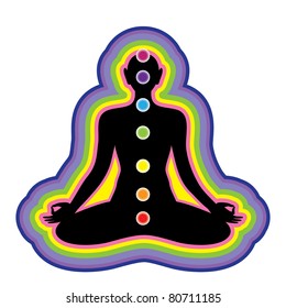 Meditation. Location of the chakras on the human body. Vector