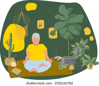 Meditation at lockdown. A fat young men doing Yoga in cozy home. Body positive. Plant home. Yellow, green illustration. Plus-size model. Love your body concept. All bodies are beautiful.