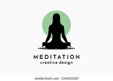 Meditation logo design, silhouette of woman meditating on dot background