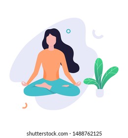 Meditation in lotus pose. Yoga practice for mind and body health. Relax and peace. Isolated flat illustration