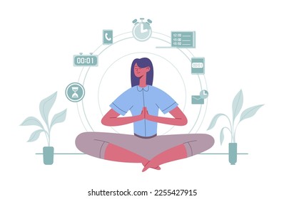 La meditación loto posiciona a la mujer en el trabajo y el equilibrio de descanso. Empleada practicando yoga. Trabajador de oficina calmando, concepto de administración del tiempo, tareas de planificación durante el día. Ilustración vectorial de la salud mental