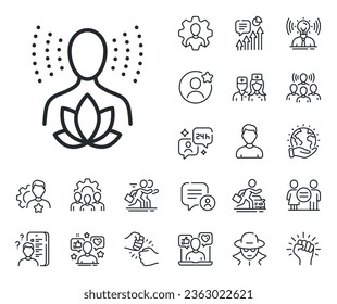 Signo de loto de meditación. Iconos del perfil de especialista, médico y de la competencia laboral. Icono de línea de balance de yoga. Relájese el cuerpo y el símbolo de la mente. Signo de línea de balance de yoga. Marcador de posición de Avatar, icono de imagen de cabeza de espía. Vector