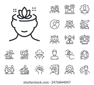 Meditation lotus sign. Specialist, doctor and job competition outline icons. Yoga mind line icon. Relax body and mind symbol. Yoga mind line sign. Avatar placeholder, spy headshot icon. Vector