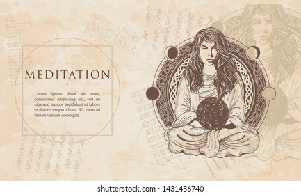 Meditation. Magic woman. Girl in lotus pose. Symbol philosophy, astrology, yoga. Renaissance background. Medieval manuscript, engraving art 