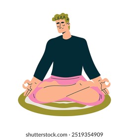 Meditation with Man Character on Mat Sitting in Lotus Pose Vector Illustration