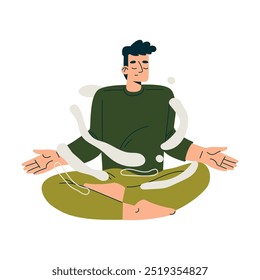 Meditation with Man Character Sitting in Lotus Pose Vector Illustration