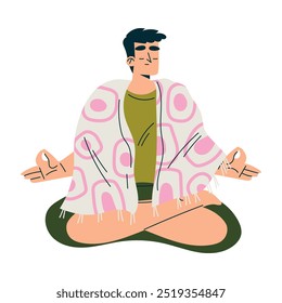 Meditation with Man Character Sitting in Lotus Pose Vector Illustration