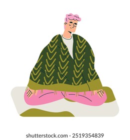 Meditation with Man Character Sitting on Mat in Lotus Pose Vector Illustration