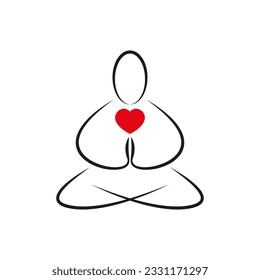 Meditation and a man with a heart. A man meditates sitting in the lotus position with his legs crossed.