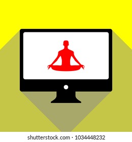Meditation man sign illustration. Vector. Red icon on white monitor of black all-in-one desktop computer with two shadows at yellow background.