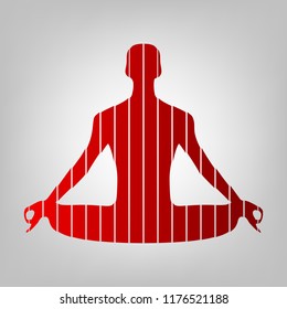 Meditation man sign illustration. Vector. Vertically divided icon with colors from reddish gradient in gray background with light in center.