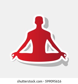 Meditation man sign illustration. Vector. New year reddish icon with outside stroke and gray shadow on light gray background.