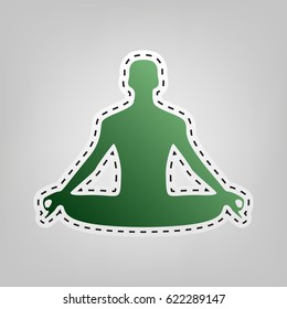 Meditation man sign illustration. Vector. Green icon with outline for cutting out at gray background.