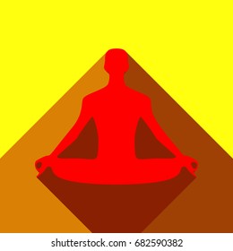 Meditation man sign illustration. Vector. Red icon with two flat reddish shadows on yellow background.