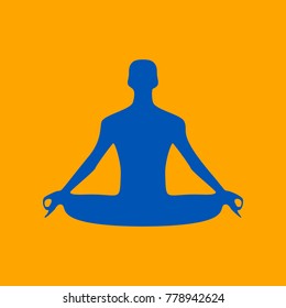Meditation man sign illustration. Vector. Medium teal blue icon on orange background.