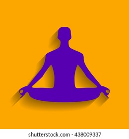 Meditation man sign illustration. Violet icon with shadow on orange background.