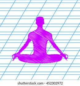 Meditation man sign illustration. Violet scribble icon with school paper. SUPER.