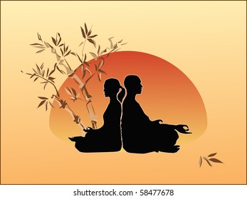 meditation. Man and woman sitting in pose under a tree. Vector illustration.