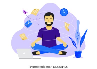 Meditation man at work. Business working design concept. Vector illustration