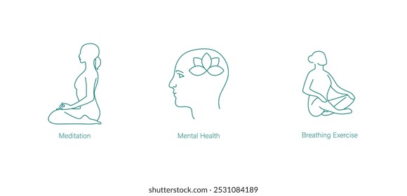 Meditation, Mental Health, and Breathing Exercises Vector Icons for Wellness