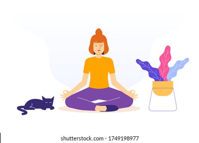 Meditation and Mental Health Concept. Young woman sitting in Lotus Position on floor. Spiritual practice. Yoga Retreat and Mindfulness. Meditating and Breath Control. Isolated vector illustration 
