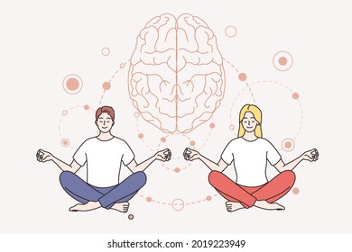 Meditation and mental health concept. Young smiling couple man and woman cartoon characters sitting meditation keeping mind in peace vector illustration 