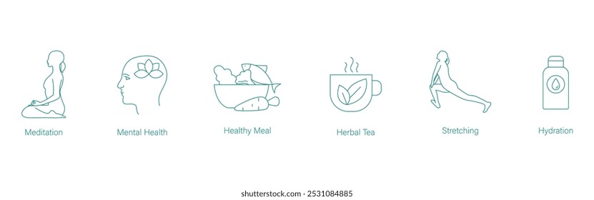 Meditation, Mental Health, Healthy Foods, Herbal Tea, Body Stretching, and Hydration Vector Icons for Wellness and Nutrition