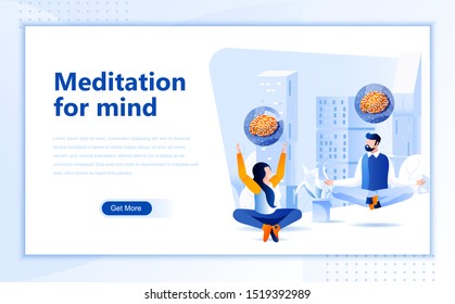 Meditation for mind flat web page design template of homepage or header images decorated people for website and mobile website development. Flat landing page template. Vector illustration.
