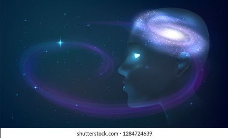 Meditation, Mind, Imagination. Human Head On The Background Of Space, The Galaxy In The Head
