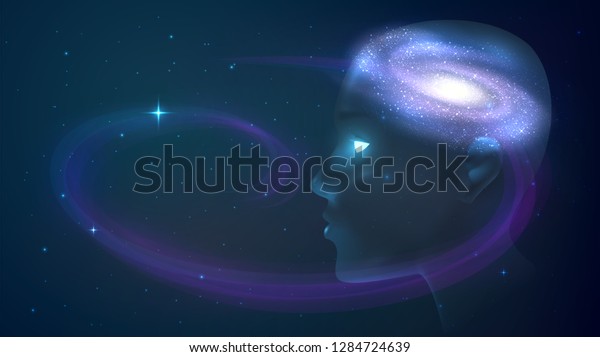 瞑想 心 想像力 宇宙の背景に人間の頭 頭の中の銀河 のベクター画像素材 ロイヤリティフリー