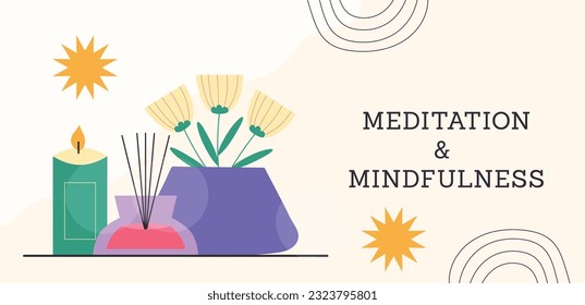 Meditation and mindfulness banner with a candle and a insence.