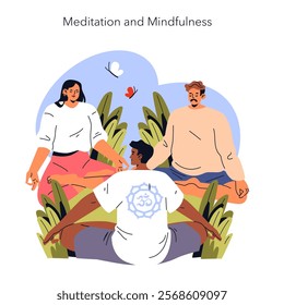 Meditation and Mindfulness concept. Diverse group practicing zen meditation in nature, fostering mental wellbeing. Serenity and balance in a peaceful setting. Vector illustration.