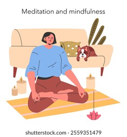 Meditation and Mindfulness concept. Indoor relaxation with a serene atmosphere and a companion pet. Mental wellness and peace. Vector illustration.