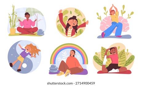 Concepto de meditación y atención plena establecido para el Diseño web. Colección con personas de dibujos animados sentados en postura de loto, practicando asanas de yoga, respirando, disfrutando del equilibrio y la felicidad. Ilustración vectorial.