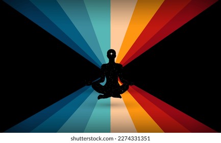 Meditation or mindfulness or dreaming concept with silhouette of a man sitting in lotus pose with crossed legs on retro vintage 70s style stripe and starry space inside. Self searching mental concept