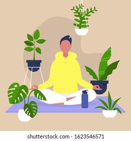 Meditation and mindfulness, Harmony and relaxation, Calm male character sitting in a lotus position surrounded by plants, Indoor yoga