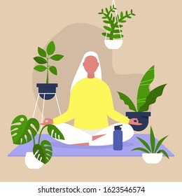 Meditation and mindfulness, Harmony and relaxation, Calm female character sitting in a lotus position surrounded by plants, Indoor yoga