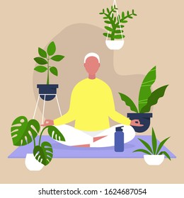 Meditation and mindfulness, Harmony and relaxation, Calm male character sitting in a lotus position surrounded by plants, Indoor yoga