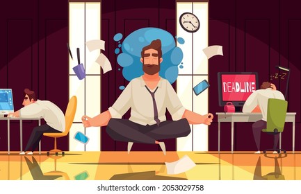 Meditation mindfulness reducing workplace  deadline stress cartoon composition man floating in lotus pose in busy office vector illustration 