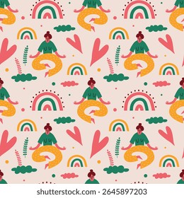 Meditation and Mindfulness Seamless Pattern Vector Illustration. Individuals meditating, rainbows, hearts, and foliage. Bright and colorful design ideal for wellness and relaxation themes.