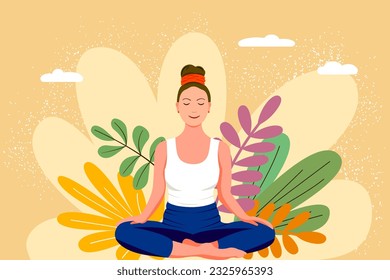 Meditation, mindfulness, and yoga background plants in blue tones. Woman sits cross-legged and meditates. Vector illustration