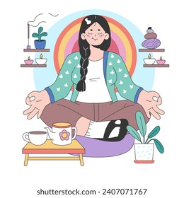 Momento de meditación en un acogedor rincón. Una mujer se encuentra en medio de un ambiente urbano, rodeado de una decoración relajante y un set de té. La serenidad en la ciudad. Ilustración vectorial plana