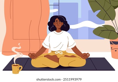 Meditation in morning routine. Young woman sits in lotus pose, goes yoga. Girl relaxes, practices balance and breathing exercises in asana. Sport for mental health, wellbeing. Flat vector illustration