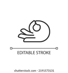 Meditation mudra pixel perfect linear icon. Touching thumb and index fingers. Body language. Thin line illustration. Contour symbol. Vector outline drawing. Editable stroke. Arial font used